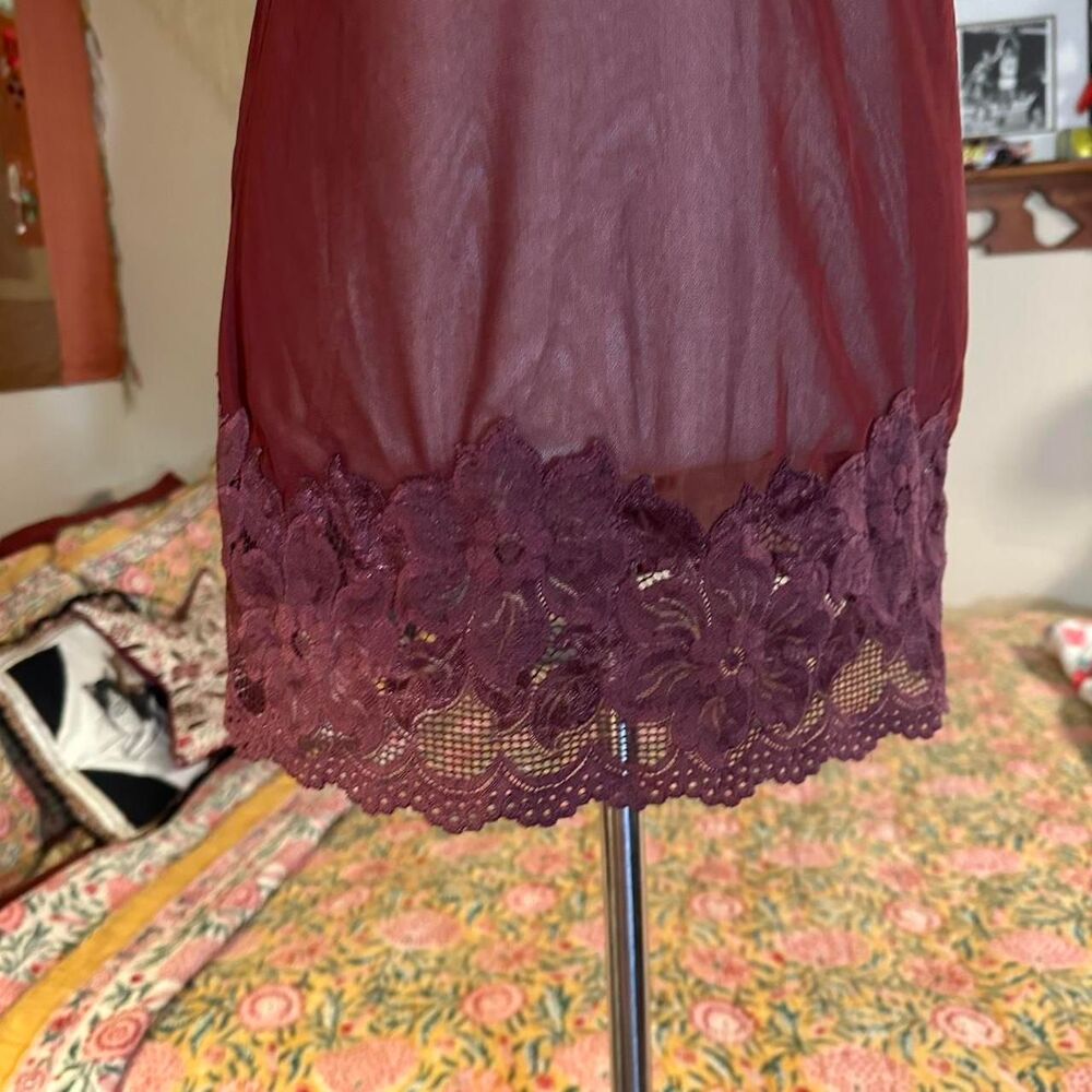 SeductiveWear 90s Burgundy Sheer Lace Floral Embroidered Mini Slip Dress - Picture 3 of 5
